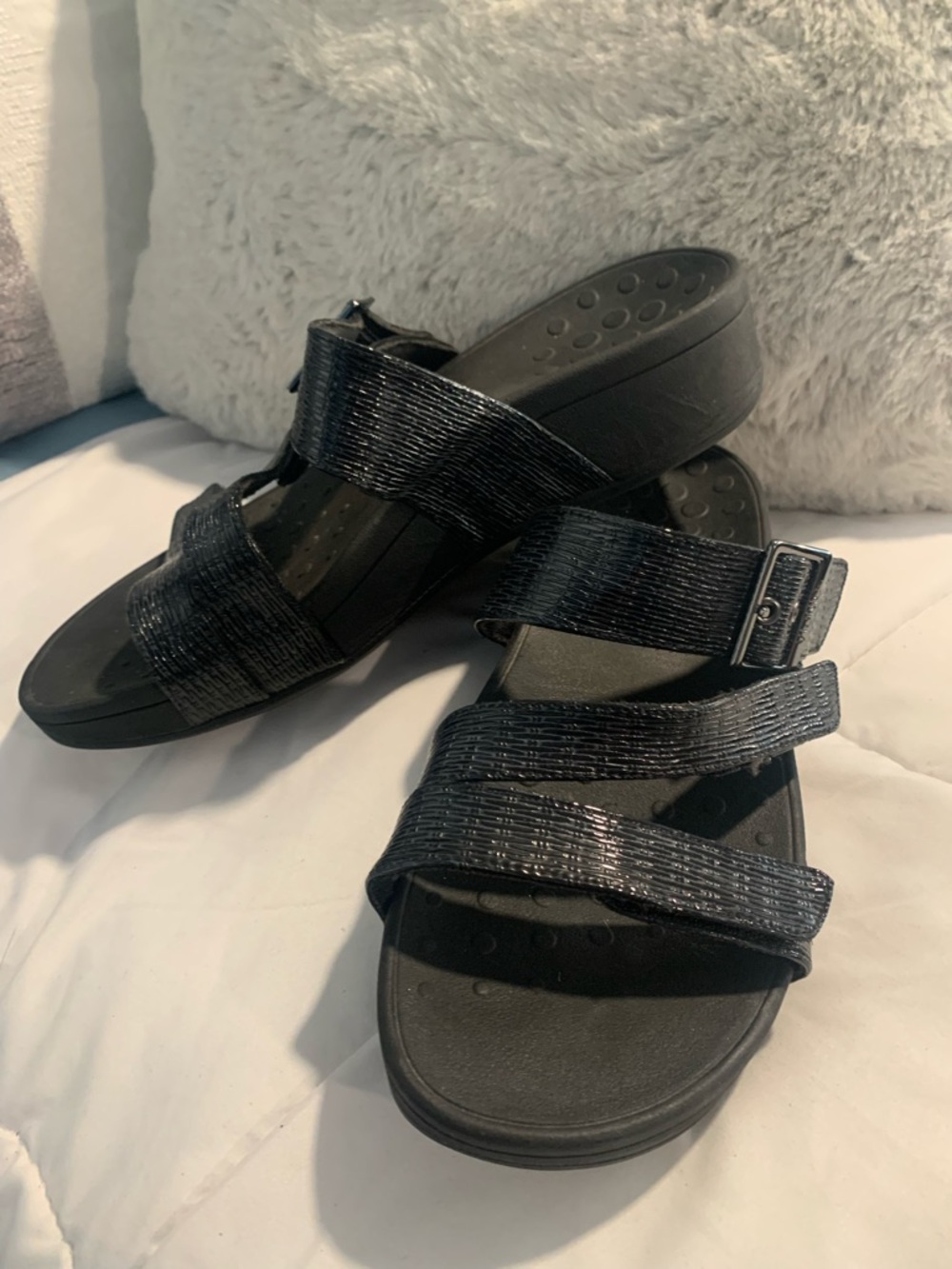Vionic Black Textured Slide Sandals with Buckle Strap